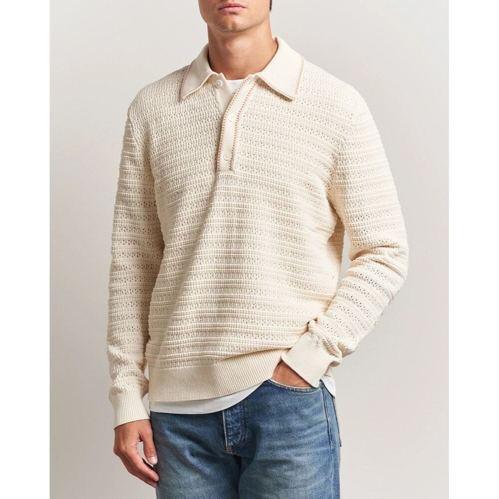 NN07 Polo Shirt Mens Medium Cream Long Sleeve Chunky Loose Knit Cotton JOSH $285